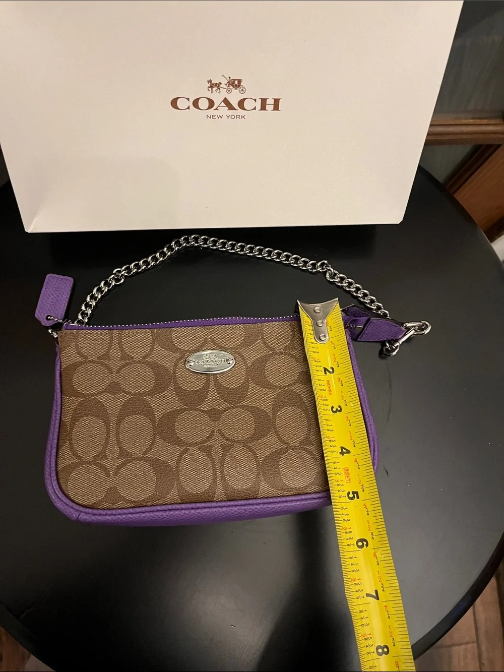 Coach Brown Signature Canvas Wristlet with Purple Trim